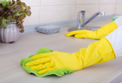 Professional domestic cleaner tidying a kitchen in Crystal Palace